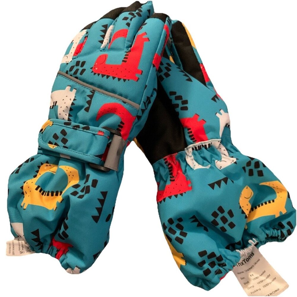 ThxToms Childrens Dinosaur Print Winter Gloves 4-6 Adjustable Strap Polyester